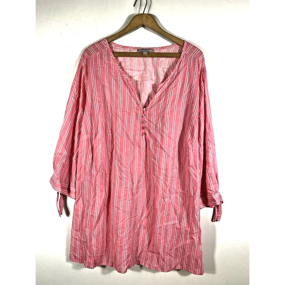 Woman Within Tunic Top 2X 26/28 Pink White French Ticking Stripe Preppy Coastal - Picture 7 of 11